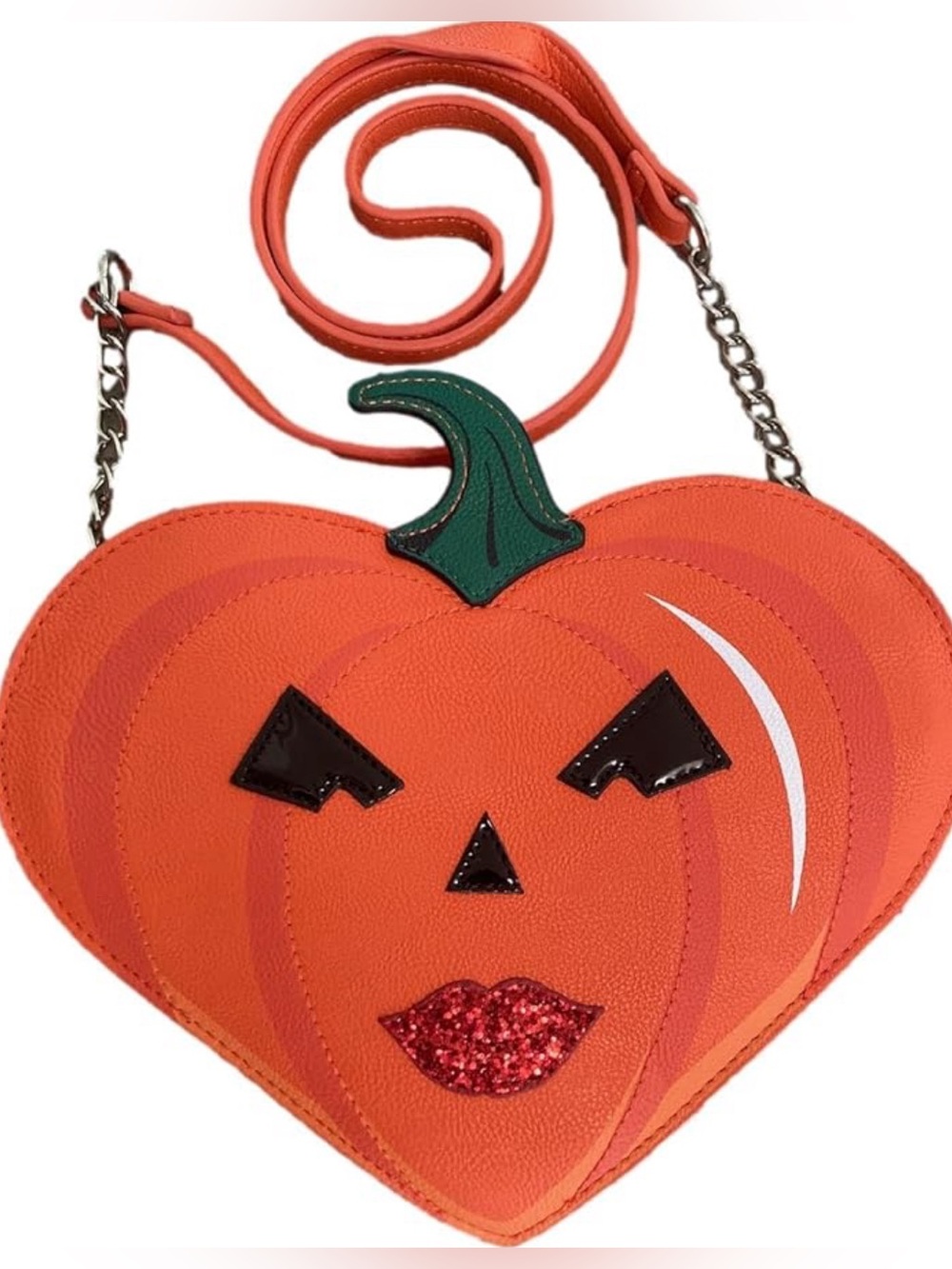Betsey Johnson Kitsch Heart Halloween Pumpkin Crossbody Bag Silver Hardware.